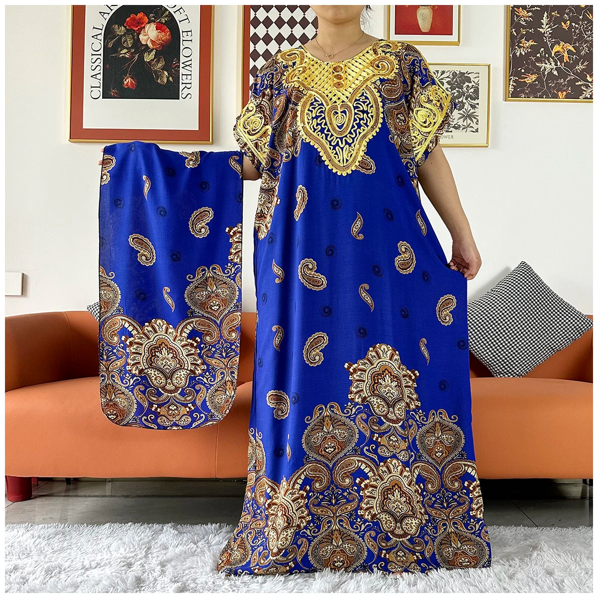 2 Pieces African Dashiki Floral Printing Loose Cotton Caftan Lady Summer Maxi Casual Dresses With Scarf Vestidos Short Sleeve
