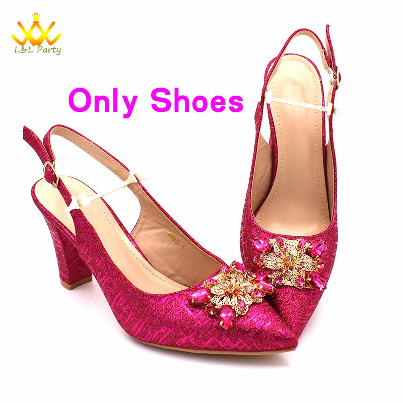 2024 New Arrivals Italian Ladies Shoes and bag Set High Quality Orange Color Pumps with Shinning Crystal for Wedding Party