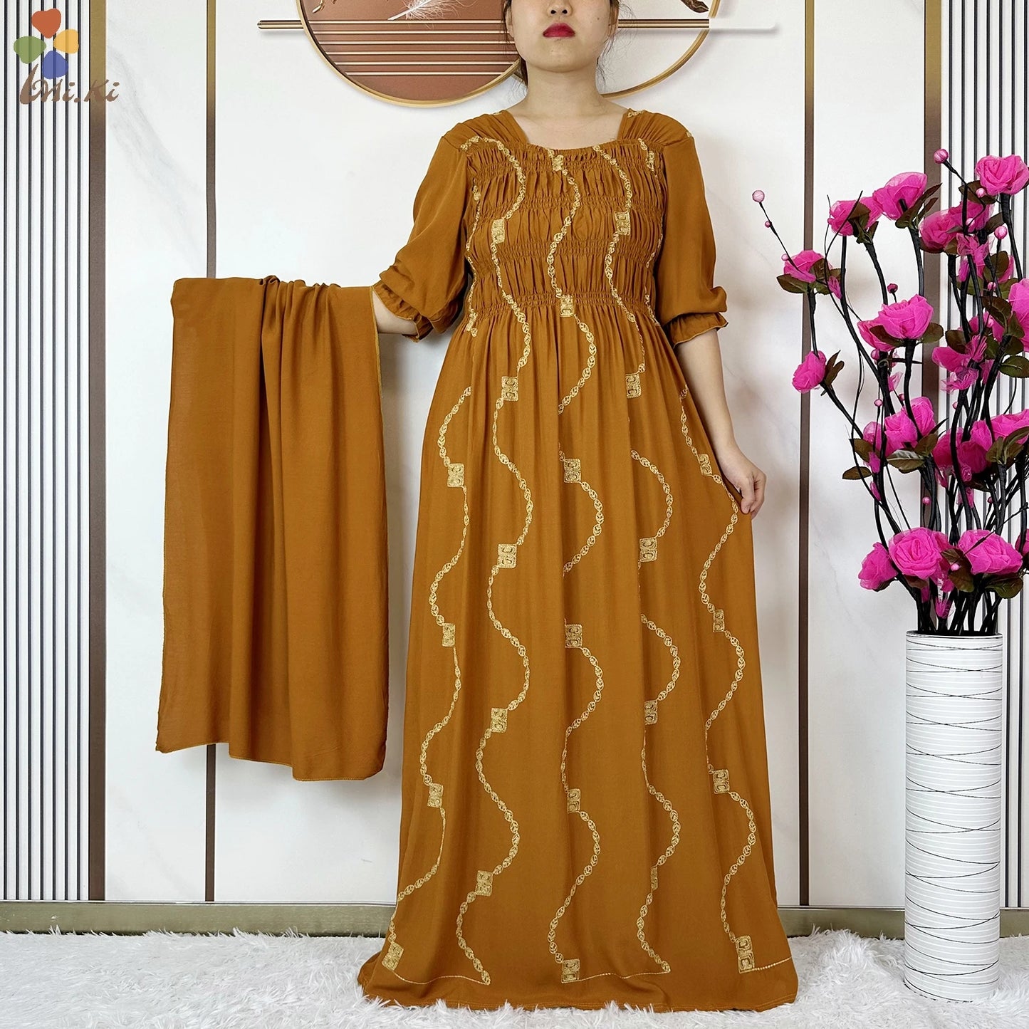 Muslim Fashion Women Party Clothing Cotton Half Sleeve Elastic Waist Dress Boubou Maxi African Abaya Dress Islamic Women Dress