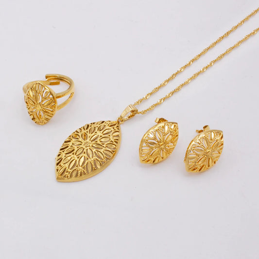 France jewelery set gold plated necklace earrings for Women Pendant ring set Nigerian bridal luxury wedding party Ornament Gifts