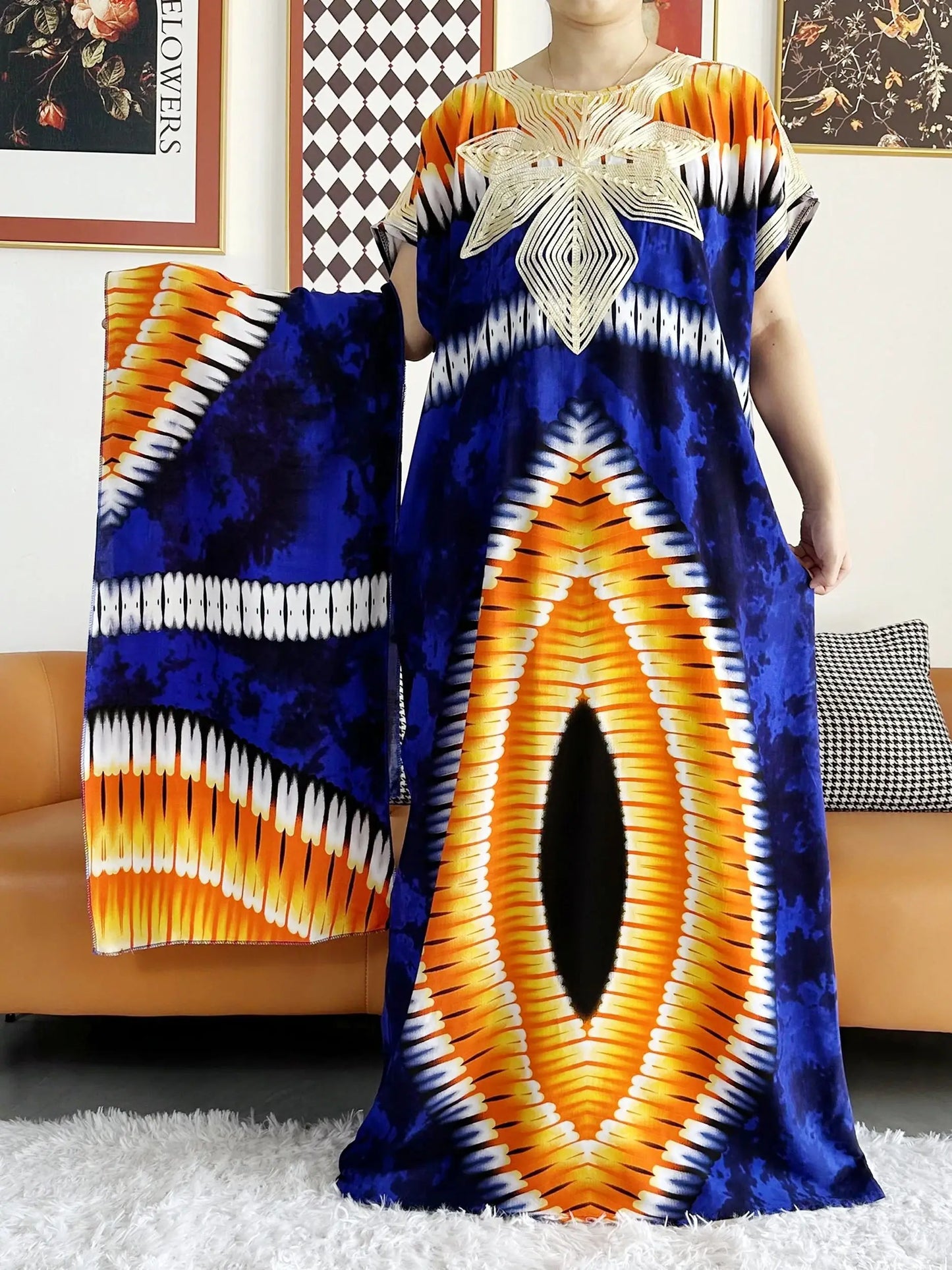 2023 African Dashiki Dress Kaftan Abaya Cotton Boat-neck Floral Dress Printed Short Sleeve Loose Women Casual Dress with Scarf