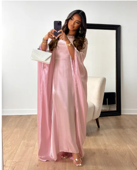 Rose Muslim Kaftan Dress Shiny Batwing Satin Maxi Abaya Dubai Luxury 2025 Abaya For Women Islam Caftan Marocain Femme Long Robes