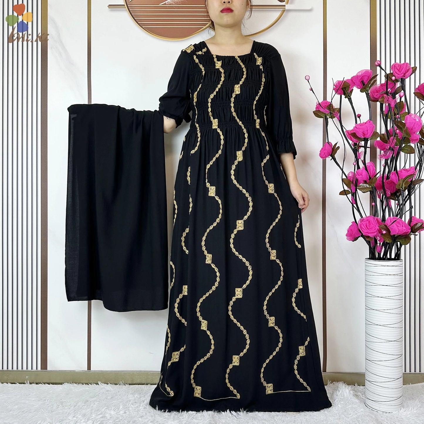 Muslim Fashion Women Party Clothing Cotton Half Sleeve Elastic Waist Dress Boubou Maxi African Abaya Dress Islamic Women Dress