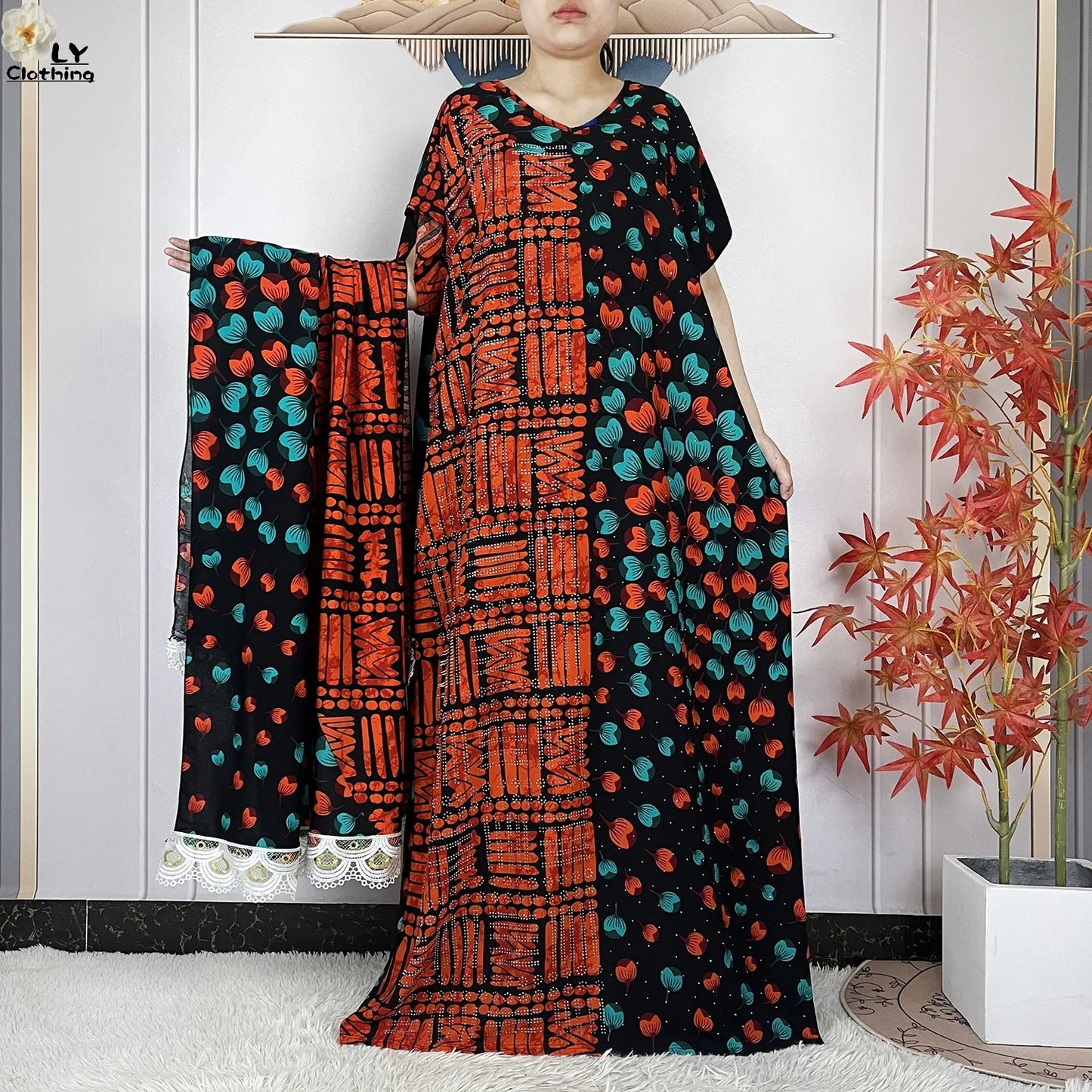 2024 Latest Muslim Sets Women Clothing Cotton Floral Loose Dashiki Long Dress African Abaya Dubai Traditional Islamic Clothing