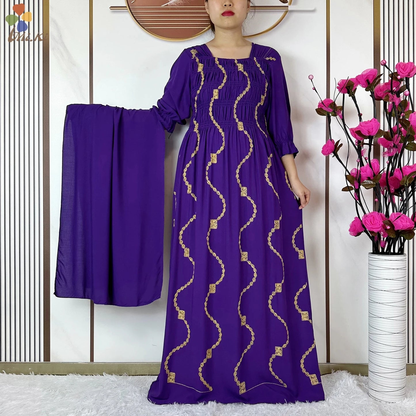 Muslim Fashion Women Party Clothing Cotton Half Sleeve Elastic Waist Dress Boubou Maxi African Abaya Dress Islamic Women Dress