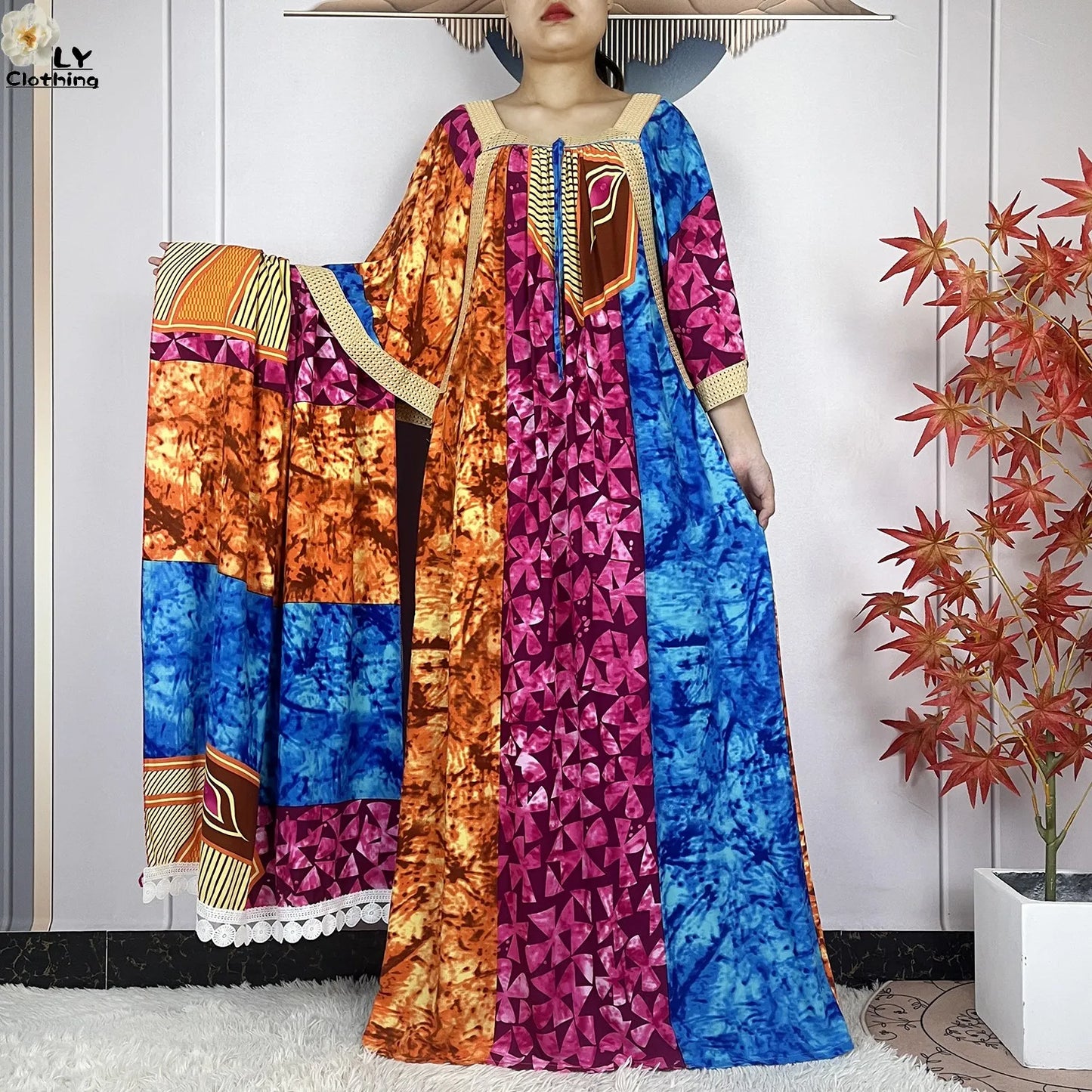 2024 New Muslim Dubai Fashion Women Cotton Dresse With Big Scarf For Women Maxi Summer Short Sleeve Loose African Abaya Clothing