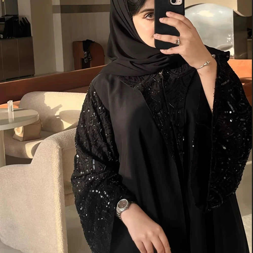 2025 Ramadan Black Open Include Hijab Turban Abaya Dubai Luxury Islamic Clothing Muslim Dress Black Beaded Dubai Abaya For Women