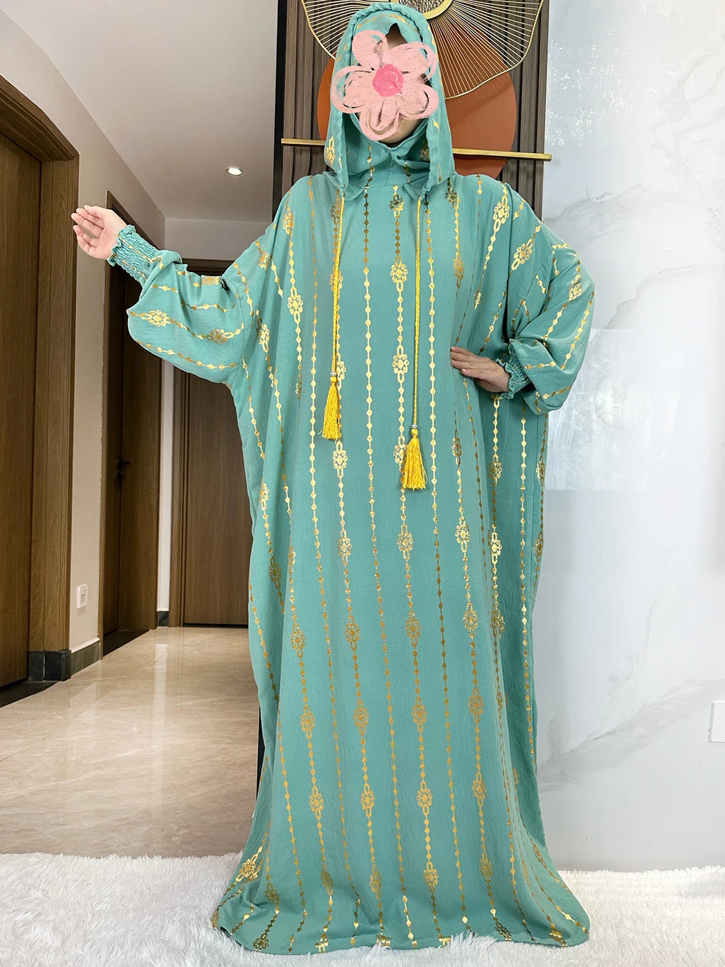 New Cotton Ramadan Muslim Two-Hat Abaya Dubai Turkey Islam Prayer Clothes Gold Dust Dress Islam Women Dress Kaftan