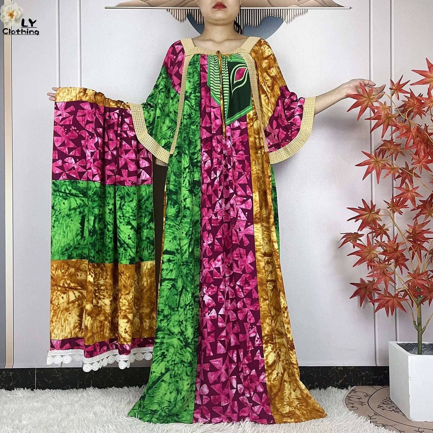 2024 New Muslim Dubai Fashion Women Cotton Dresse With Big Scarf For Women Maxi Summer Short Sleeve Loose African Abaya Clothing