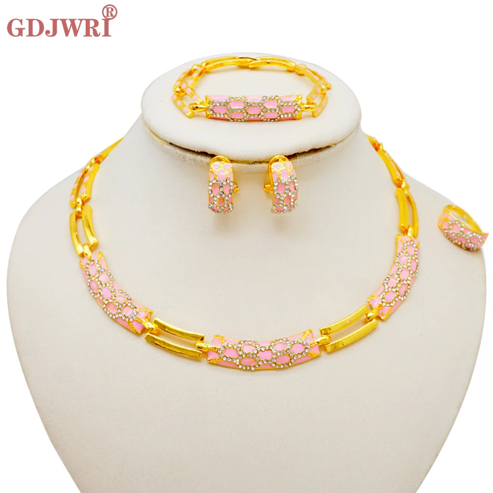 GDJWRI Africa Luxury Charm Necklace Jewellery Women for Lady Indian Bridal Nigeria 24k Gold Plated Jewelry Set Party Gifts