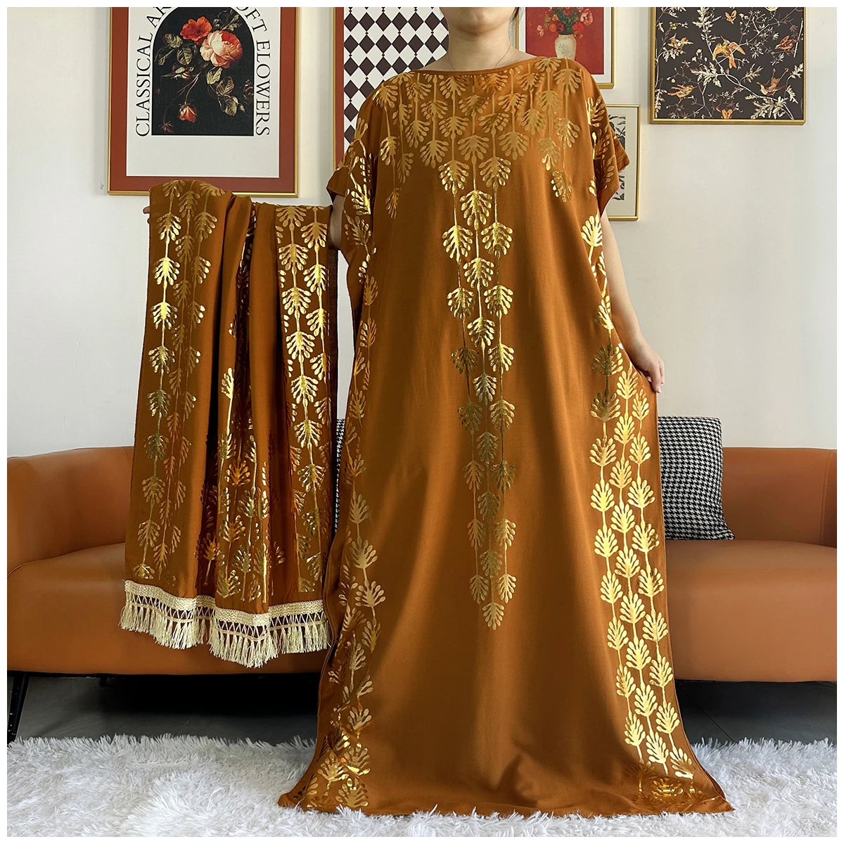 Muslim Abayas For Women Dubai Stretch Print Hot Stamping Loose Fit Elegant Dresses Caftan Marocain Femme Robe With Headscarf