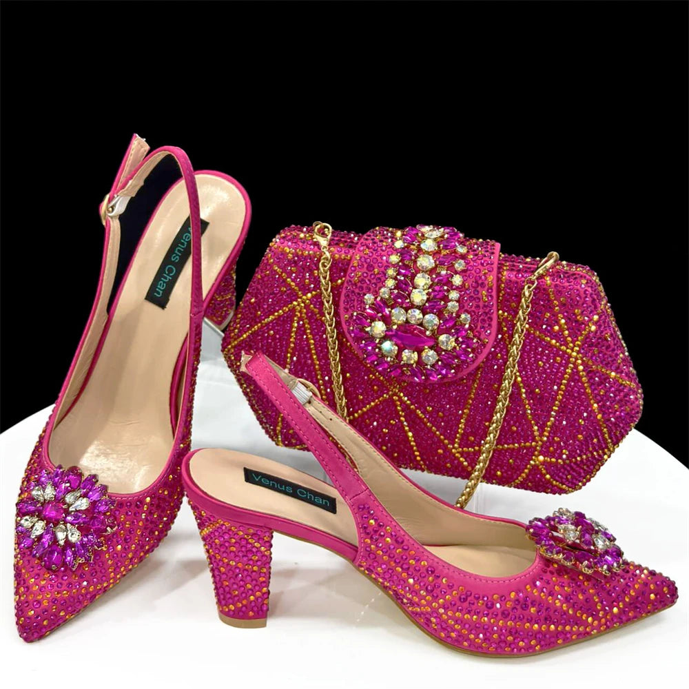 Venus Chan Elegant Pointed-Toe Heeled Sandals Shoes 2024 Woman High Heels Rhinestone New Italian Shoes and Bag for Party