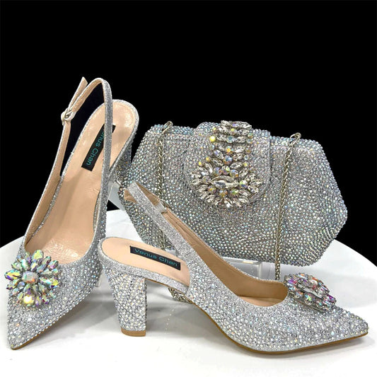 Venus Chan Elegant Pointed-Toe Heeled Sandals Shoes 2024 Woman High Heels Rhinestone New Italian Shoes and Bag for Party