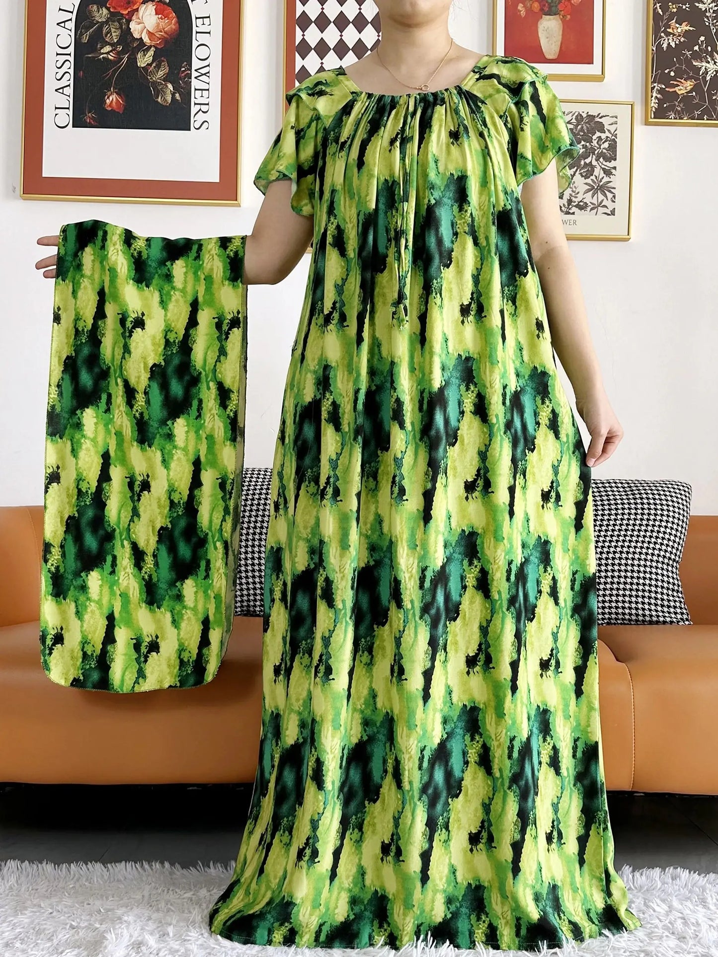 2024 Abaya for Women African Lady Short Sleeve Loose Dress Solid Cotton Boat-Neck Floral Boubou Maxi Islam Women African Clothes