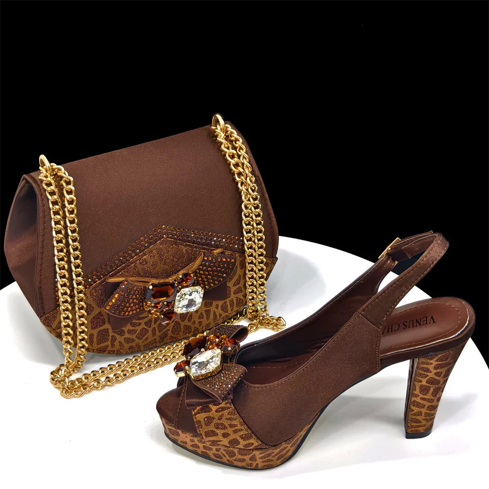 Venus Chan Shoes for Women High Heels INS Style Rhinestone Peep Toe Bow Gold Color New Italian Shoes and Bag for Party 2024