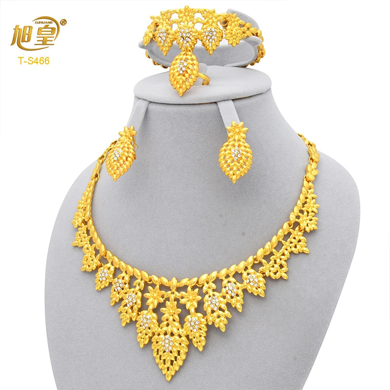 XUHUANG Luxury Crystal Gold Color Necklace Sets For Women Wedding Dubai African Jewelry Set Indian Jewellery Anniversary Gifts