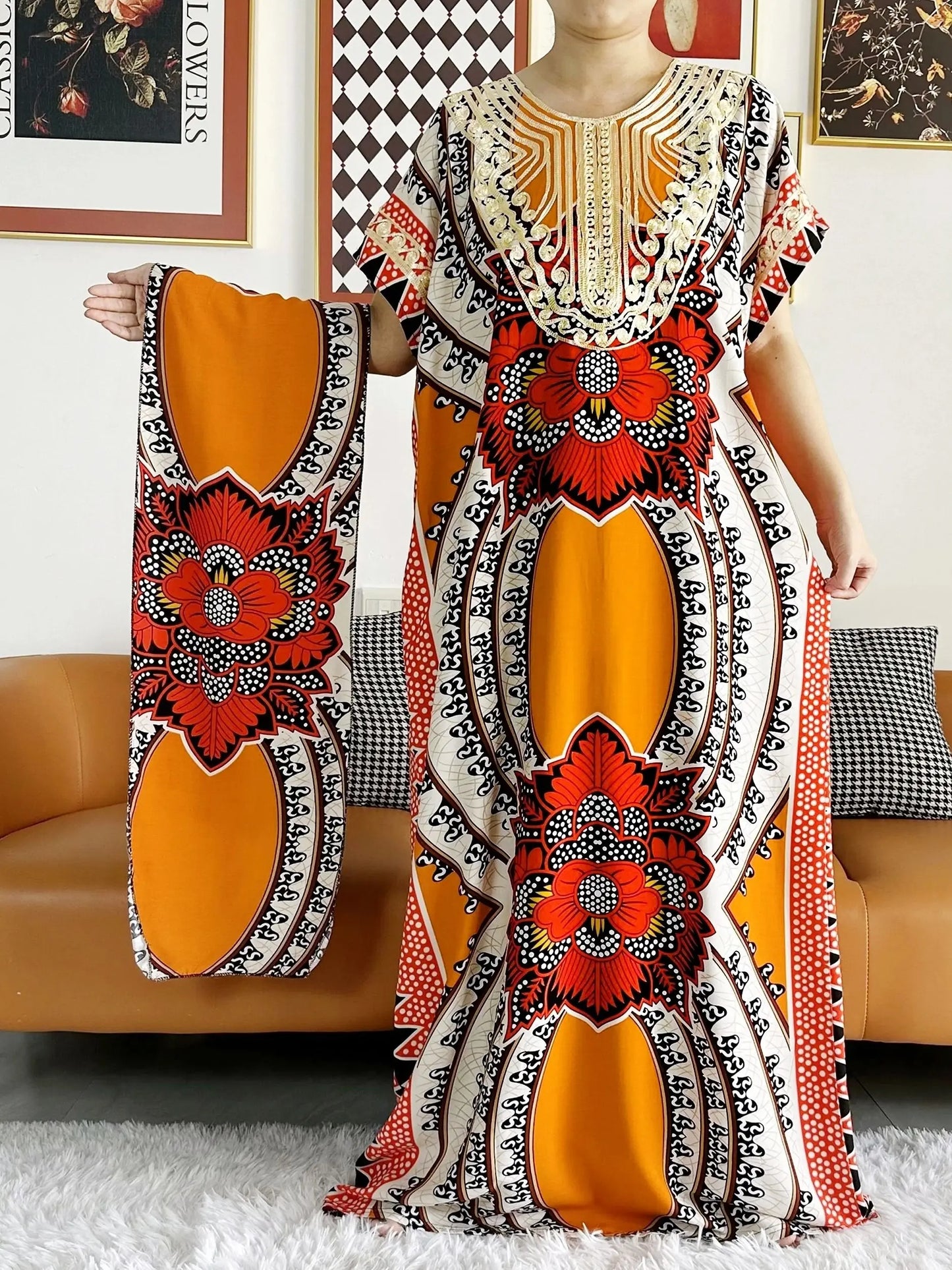 2023 African Dashiki Dress Kaftan Abaya Cotton Boat-neck Floral Dress Printed Short Sleeve Loose Women Casual Dress with Scarf