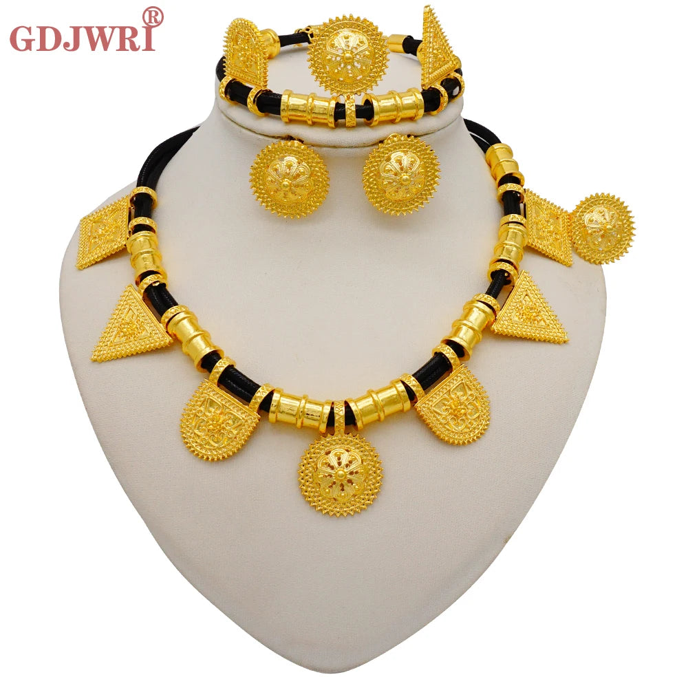 GDJWRI Africa Luxury Charm Necklace Jewellery Women for Lady Indian Bridal Nigeria 24k Gold Plated Jewelry Set Party Gifts