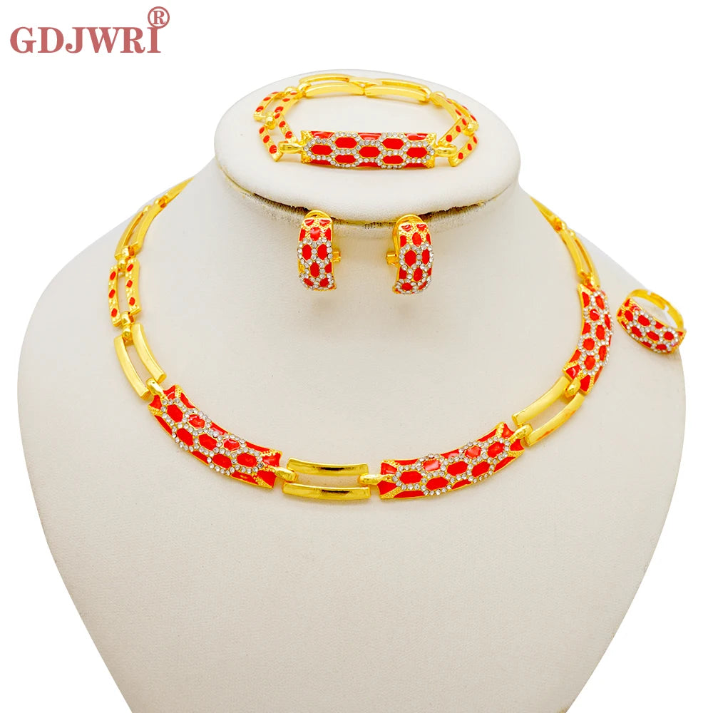 GDJWRI Africa Luxury Charm Necklace Jewellery Women for Lady Indian Bridal Nigeria 24k Gold Plated Jewelry Set Party Gifts