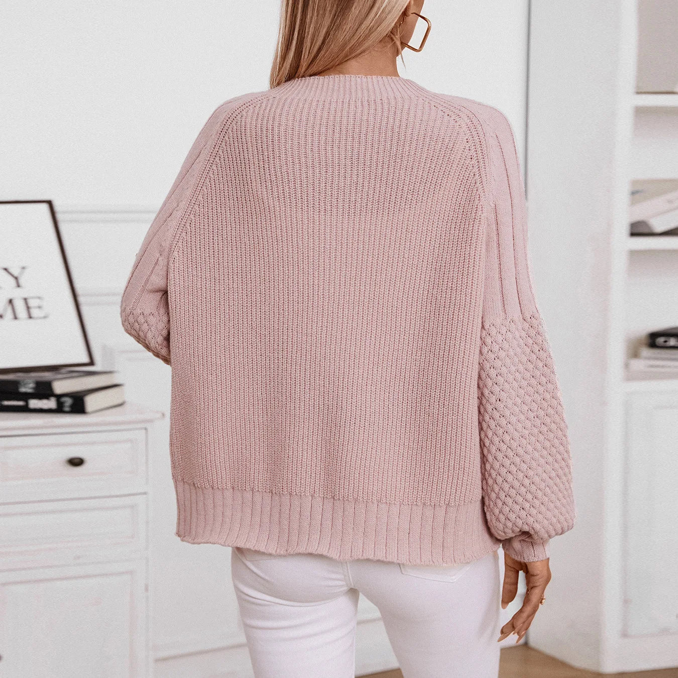 Solid Color Button Knit Cardigan Loose Lantern Sleeve Sweater Women