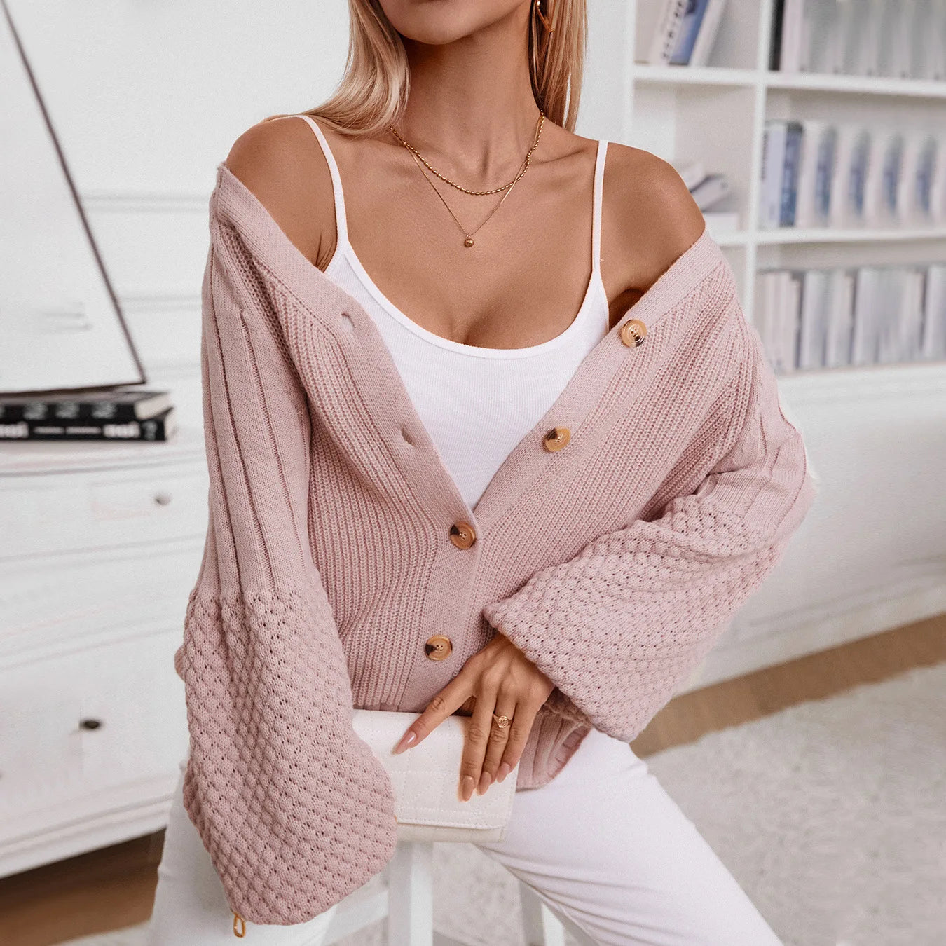 Solid Color Button Knit Cardigan Loose Lantern Sleeve Sweater Women