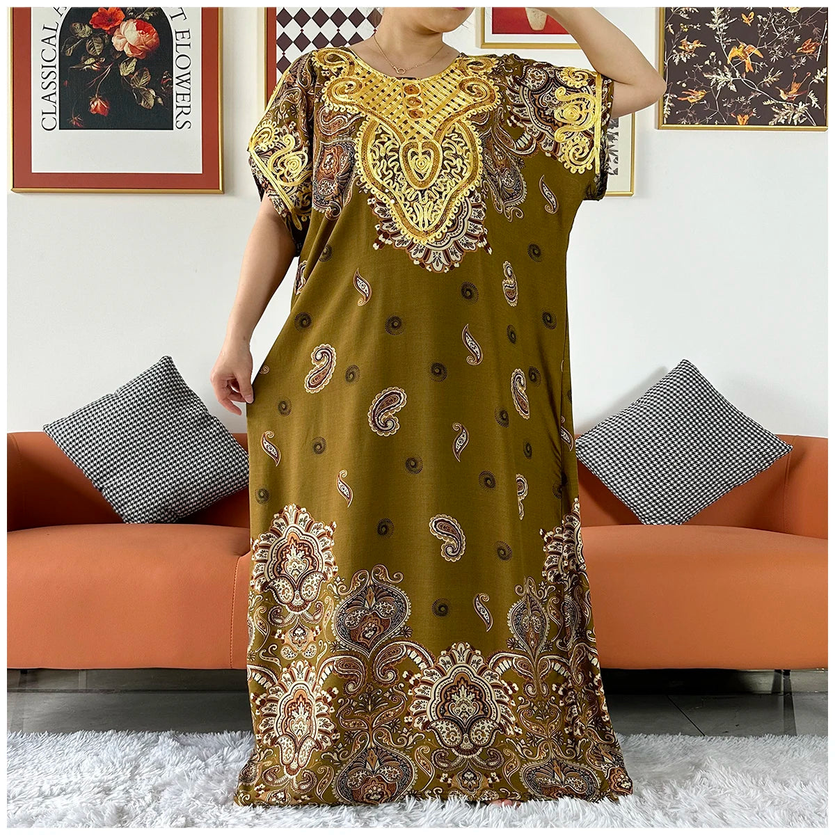 2 Pieces African Dashiki Floral Printing Loose Cotton Caftan Lady Summer Maxi Casual Dresses With Scarf Vestidos Short Sleeve