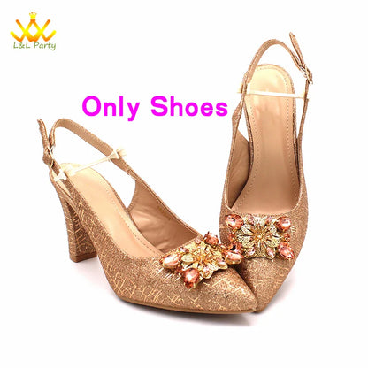 2024 New Arrivals Italian Ladies Shoes and bag Set High Quality Orange Color Pumps with Shinning Crystal for Wedding Party