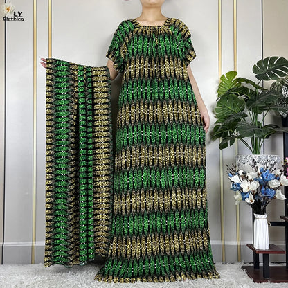 2024 New Muslim Dubai Fashion Women Cotton Dresse With Big Scarf For Women Maxi Summer Short Sleeve Loose African Abaya Clothing