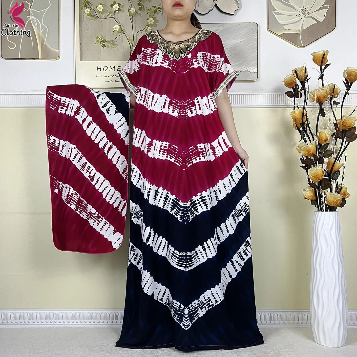 2024Latest African Abaya Women Dashiki Summer Short Sleeve Dubai Fashion Printed Cotton Robe Muslim Femme Loose Dress With Scarf