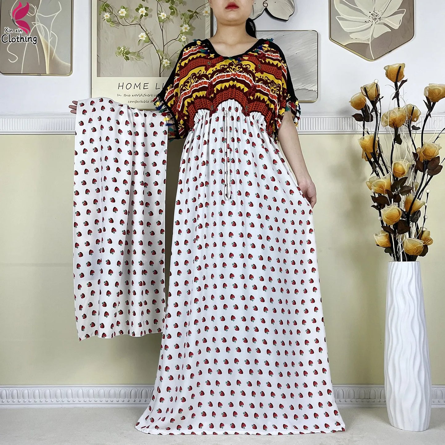 New African Women Dashiki Cotton Dress Fashion Printing Collect Waist Summer Short Sleeve Islam Boubou Maxi Woman Abaya Clothing