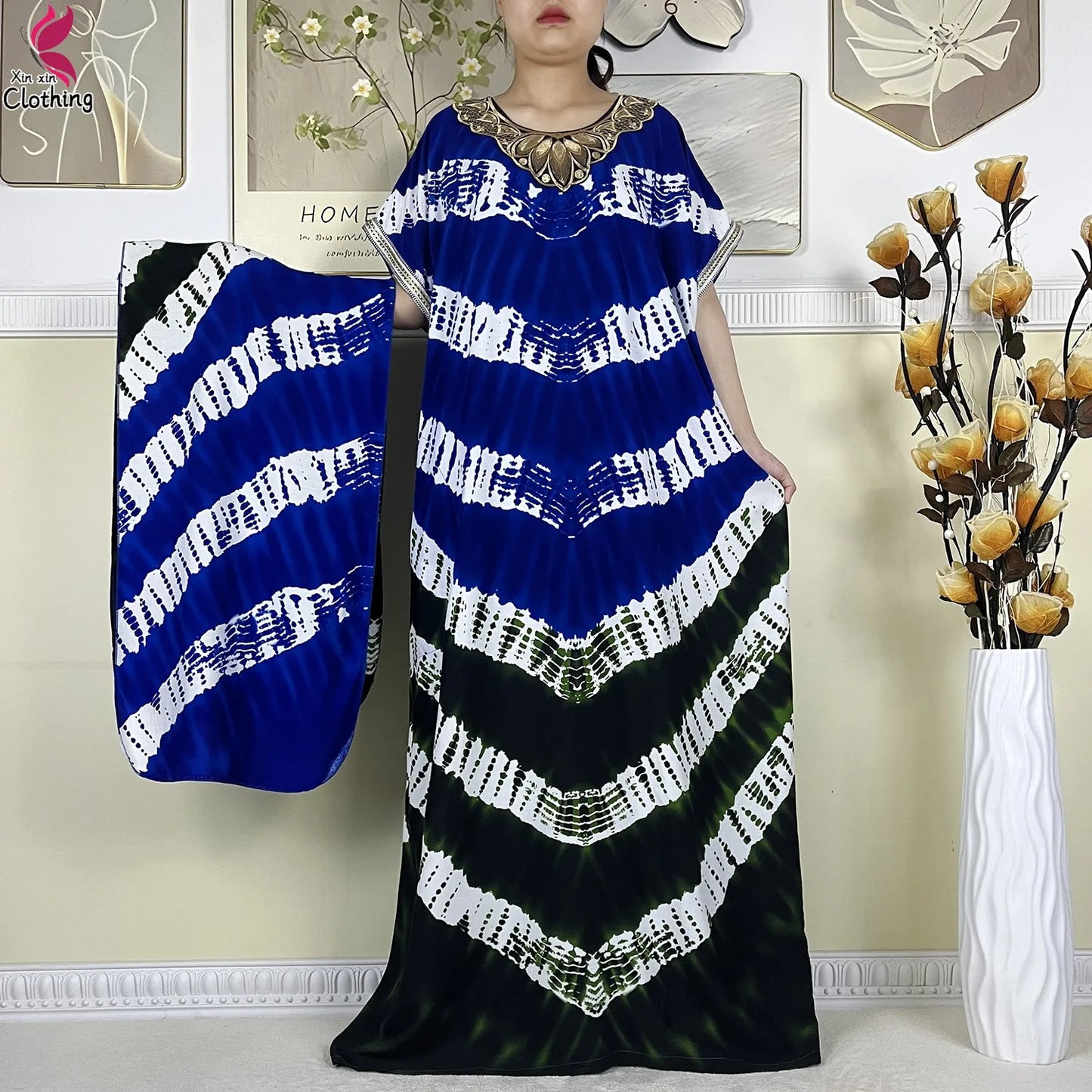 2024Latest African Abaya Women Dashiki Summer Short Sleeve Dubai Fashion Printed Cotton Robe Muslim Femme Loose Dress With Scarf
