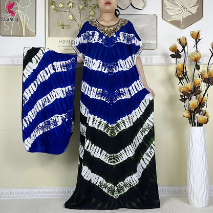 2024Latest African Abaya Women Dashiki Summer Short Sleeve Dubai Fashion Printed Cotton Robe Muslim Femme Loose Dress With Scarf