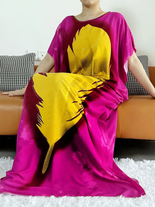 2025  African Women Party Dress Big Scarf Tassels Cotton Printed Loose Floral Boubou Maxi Islam Women Short Sleeve Abaya
