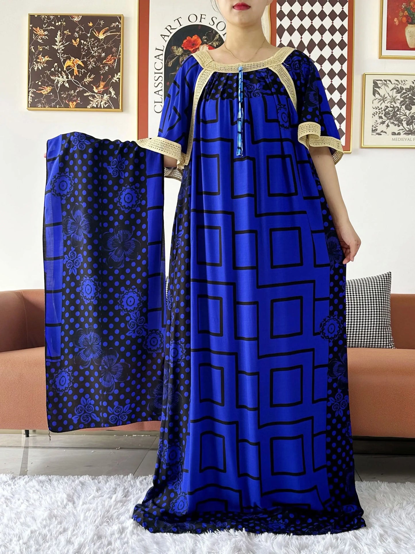 2024 New Muslim Women Short Sleeve Dashiki Dress Lace Embroidered Floral Boubou Maxi Islam Women Dress African Abaya Clothes