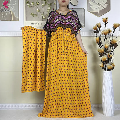 New African Women Dashiki Cotton Dress Fashion Printing Collect Waist Summer Short Sleeve Islam Boubou Maxi Woman Abaya Clothing