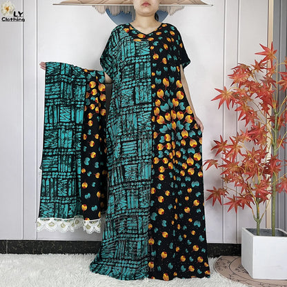 2024 Latest Muslim Sets Women Clothing Cotton Floral Loose Dashiki Long Dress African Abaya Dubai Traditional Islamic Clothing