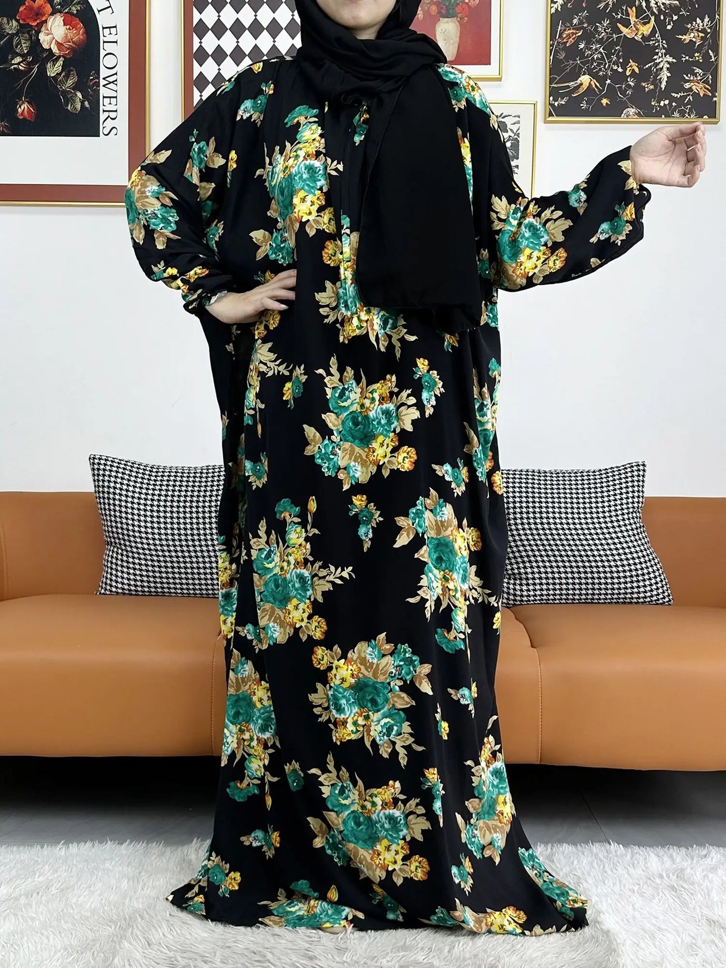 2025 Muslim Rayon Abayas For Women Ramadan Prayer Dubai Turkey Middle East Femme Robe Floral Loose African Dress Turban Joint