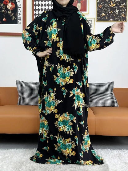 2025 Muslim Rayon Abayas For Women Ramadan Prayer Dubai Turkey Middle East Femme Robe Floral Loose African Dress Turban Joint
