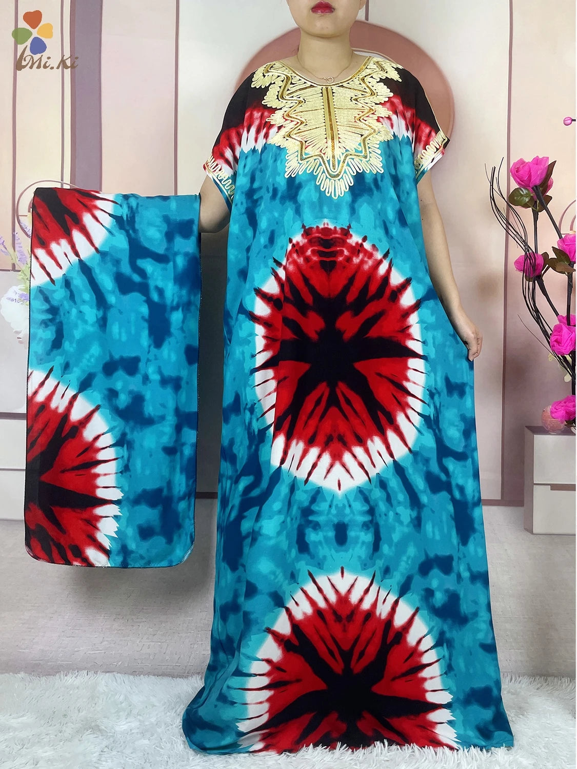 2024 New African Women Embroidered Sequin Dress Tie Dyed Loose Cotton Robe Dshiki Maxi Robe Femme Islamic Women Summer Clothing