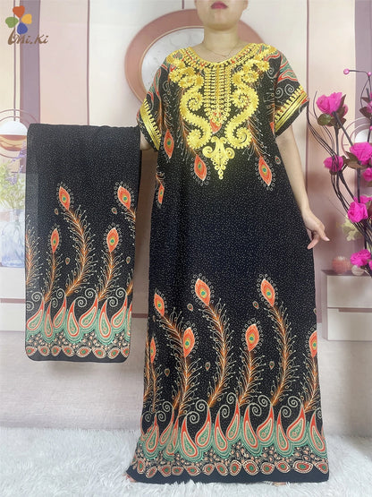 High Quality African Abaya Lady Party Dress Cotton Embroidery Printed Loose Floral Boubou Maxi Islam Women Short Sleeve Clothing