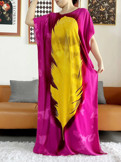 2025  African Women Party Dress Big Scarf Tassels Cotton Printed Loose Floral Boubou Maxi Islam Women Short Sleeve Abaya