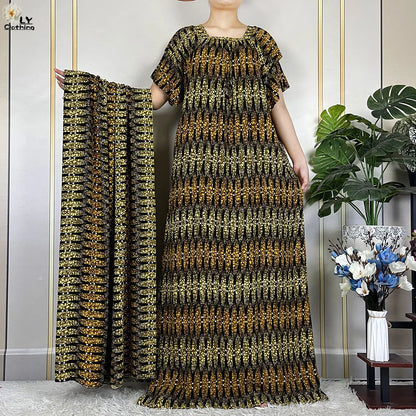 2024 New Muslim Dubai Fashion Women Cotton Dresse With Big Scarf For Women Maxi Summer Short Sleeve Loose African Abaya Clothing