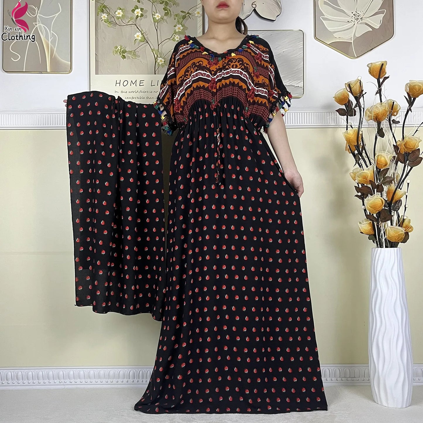 New African Women Dashiki Cotton Dress Fashion Printing Collect Waist Summer Short Sleeve Islam Boubou Maxi Woman Abaya Clothing