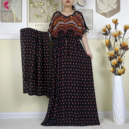 New African Women Dashiki Cotton Dress Fashion Printing Collect Waist Summer Short Sleeve Islam Boubou Maxi Woman Abaya Clothing