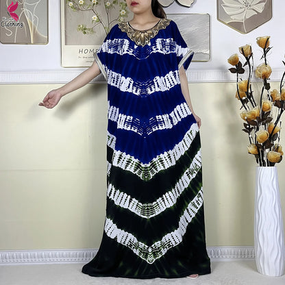 2024Latest African Abaya Women Dashiki Summer Short Sleeve Dubai Fashion Printed Cotton Robe Muslim Femme Loose Dress With Scarf