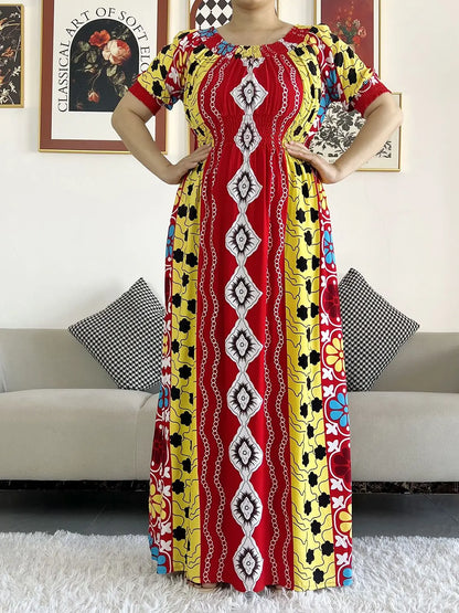2023 New African Dashiki Cotton Floral Dress Printed Short Sleeve Collect Waist Straight Loose African Women Dress with Scarf