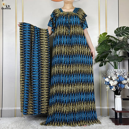 2024 New Muslim Dubai Fashion Women Cotton Dresse With Big Scarf For Women Maxi Summer Short Sleeve Loose African Abaya Clothing