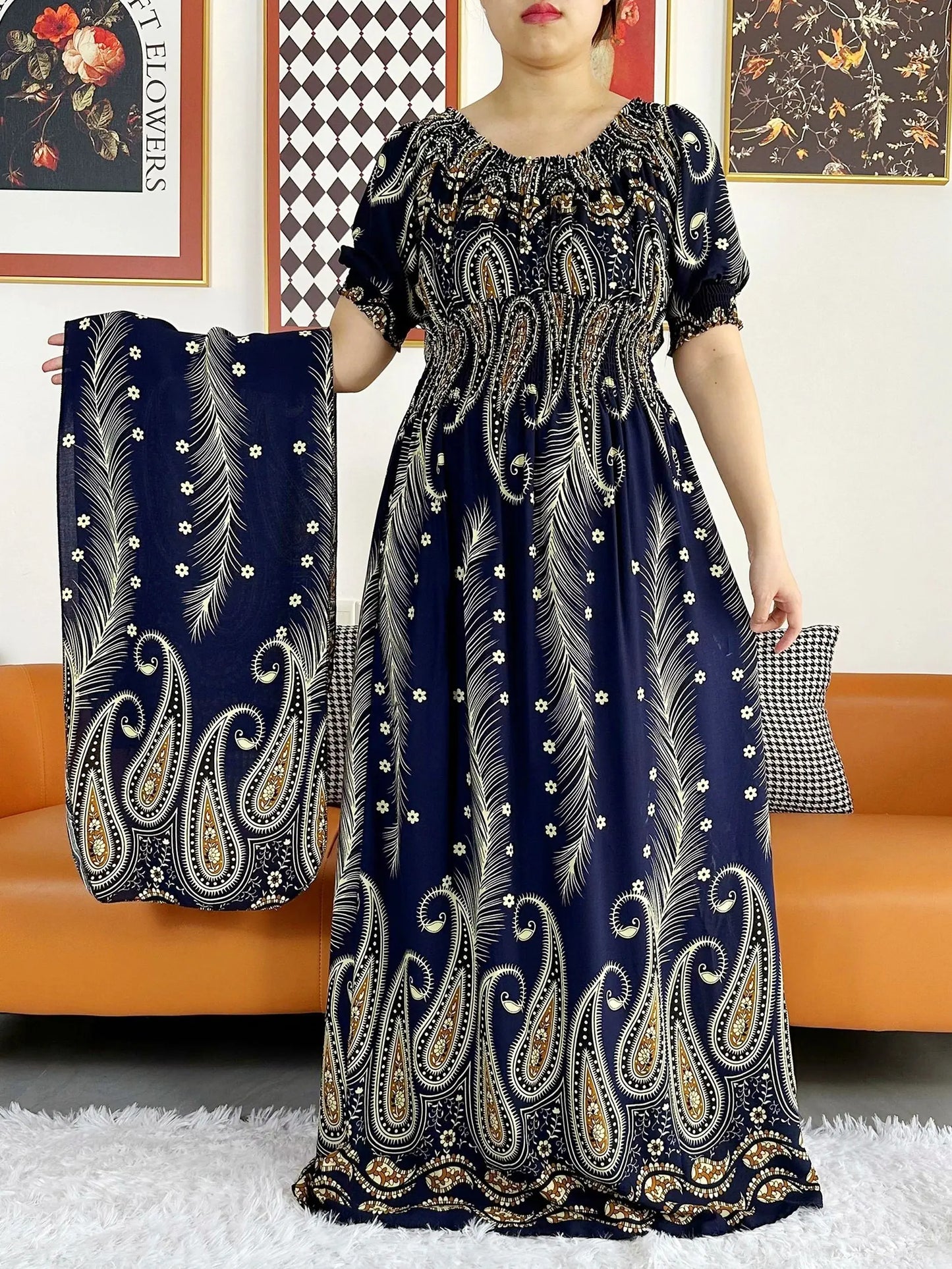 2023 New African Dashiki Cotton Floral Dress Printed Short Sleeve Collect Waist Straight Loose African Women Dress with Scarf