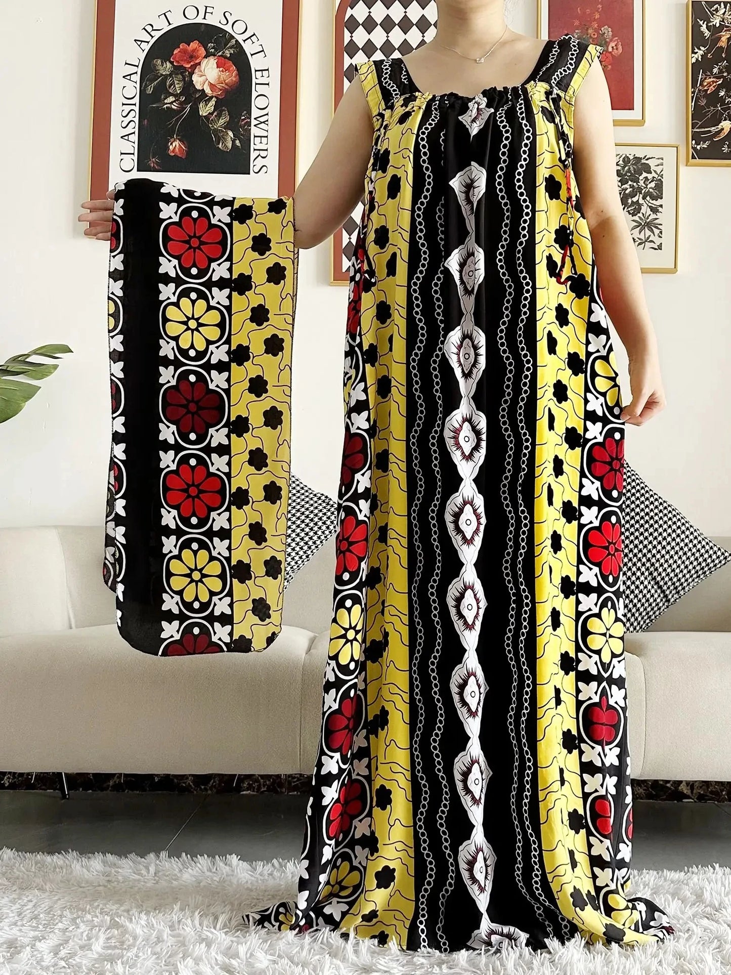 New Arrivals Women's Cotton Summer Sleeveless Dress With Scarfs Under Dress African Dashiki Maxi Lady Robe Loose Kaftan Vestidos