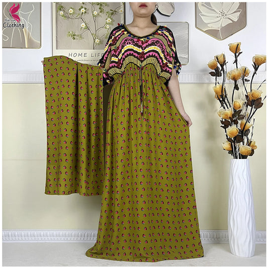 New African Women Dashiki Cotton Dress Fashion Printing Collect Waist Summer Short Sleeve Islam Boubou Maxi Woman Abaya Clothing